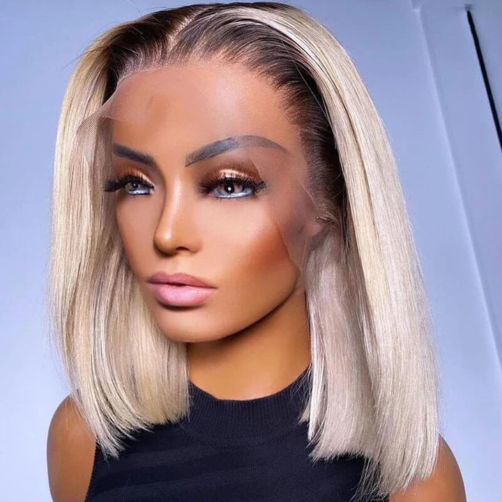 #4/613 Ombre Blonde Bob With Dark Brown Roots Silky Straight Human Hair Glueless Lace Wig [T05]