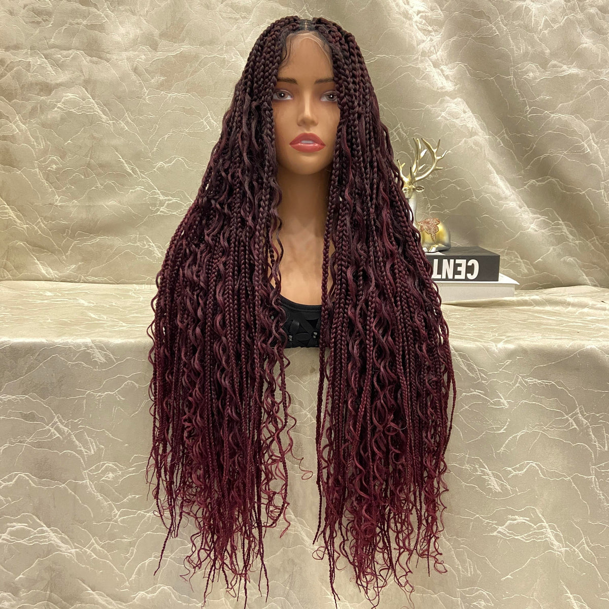 36 Inch Full Lace Box Braid Wig Synthetic Boho Curly Ends Glueless Santok 36 Inch Black Knotless Boho Box Braid Wigs, 360  main image 4
