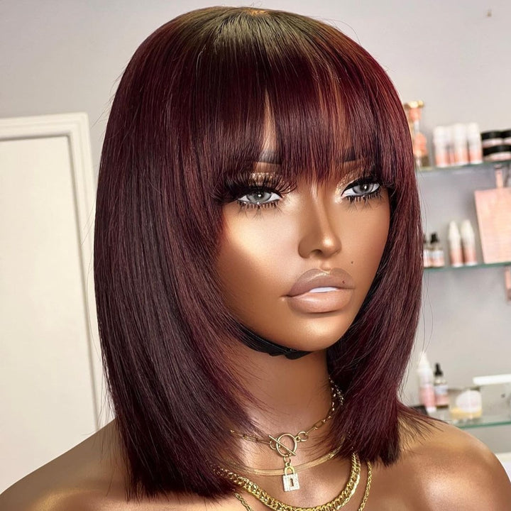 Put On & Go Reddish Purple Layered Cut Silky Straight With Bangs Human Hair Top Lace Wig