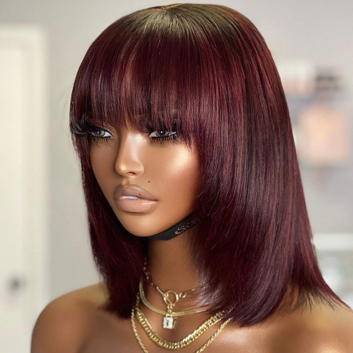Put On & Go Reddish Purple Layered Cut Silky Straight With Bangs Human Hair Top Lace Wig