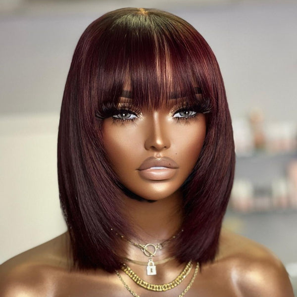 Put On & Go Reddish Purple Layered Cut Silky Straight With Bangs Human Hair Top Lace Wig