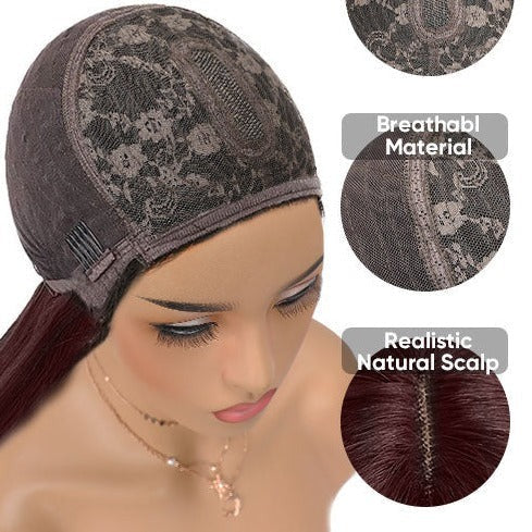 Put On & Go Reddish Purple Layered Cut Silky Straight With Bangs Human Hair Top Lace Wig [T03]