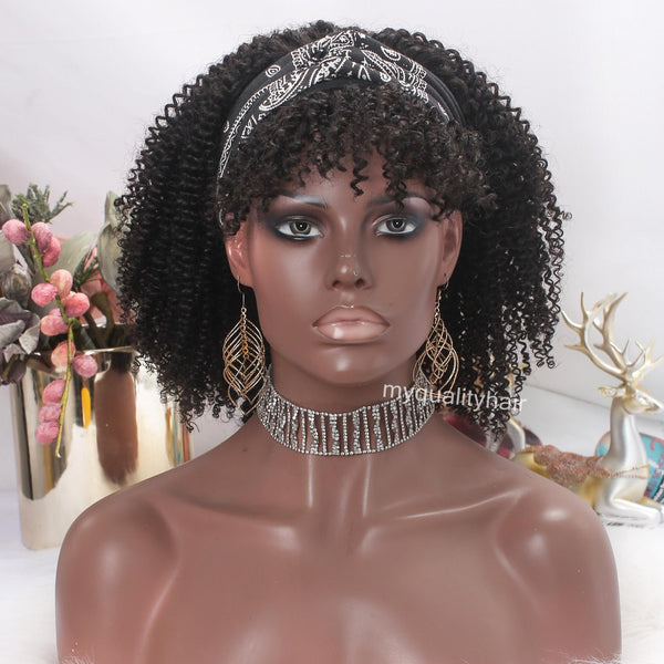 Afro Kinky Curly With Bangs Virgin Human Hair Headband Wigs
