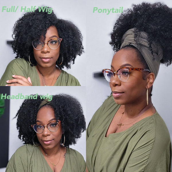 3 IN 1 Kinky Curly Versatile Cap Drawstring Half Wig Indian Virgin Human Hair US Stock Special Sale