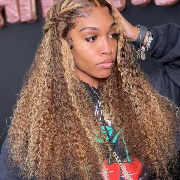Wear & Go Loose Jerry Curly Honey Blonde Highlight 7x5 HD Pre-cut Lace Pre-bleached Tiny Knots Glueless Lace Closure Wig  [PL08]