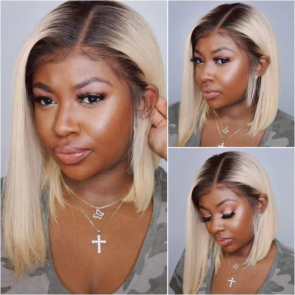 #4/613 Ombre Blonde Bob With Dark Brown Roots Silky Straight Human Hair Glueless Lace Wig [T05]