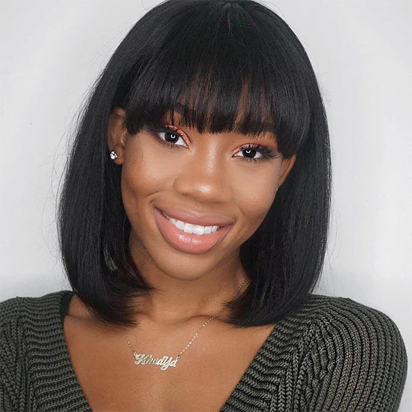 Put On & Go Silky Straight With Bangs Human Hair Top Lace Wig [T06]