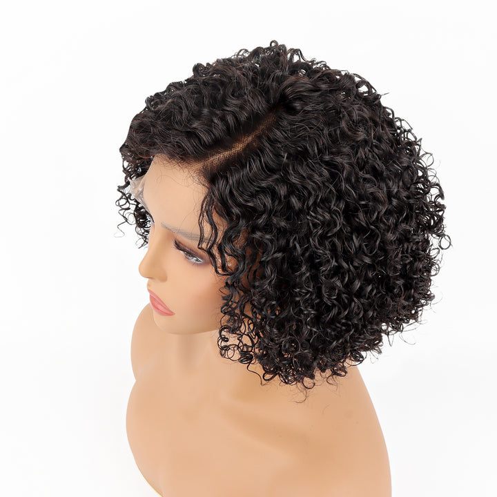 Trendy Side Part Short Curly Pixie Cut Virgin Human Hair Glueless Lace Wigs [T01]