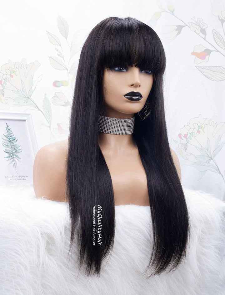 [CHANEL]-Kim K Style Silky Straight With Bangs Glueless Pre Plucked 13X6 Lace Front Wigs [LW09] - myqualityhair