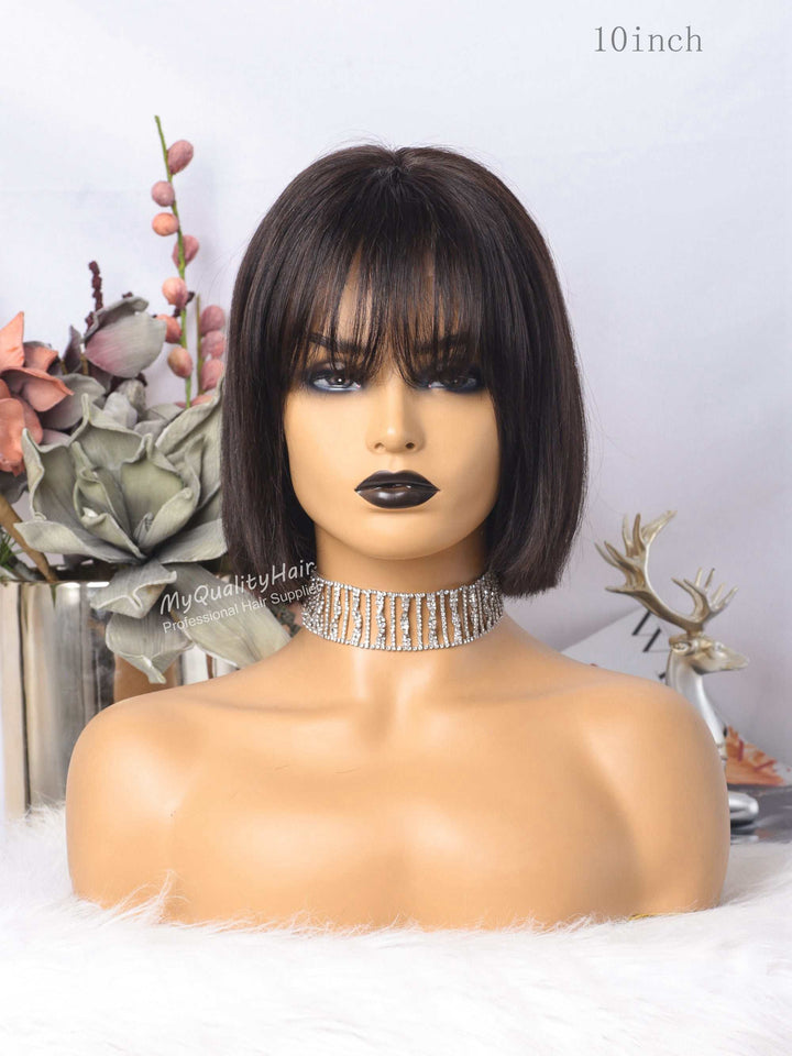 Classic Bob Cut With Bangs 13X4 Lace Front Wigs Indian Virgin Human Hair [B77] - myqualityhair