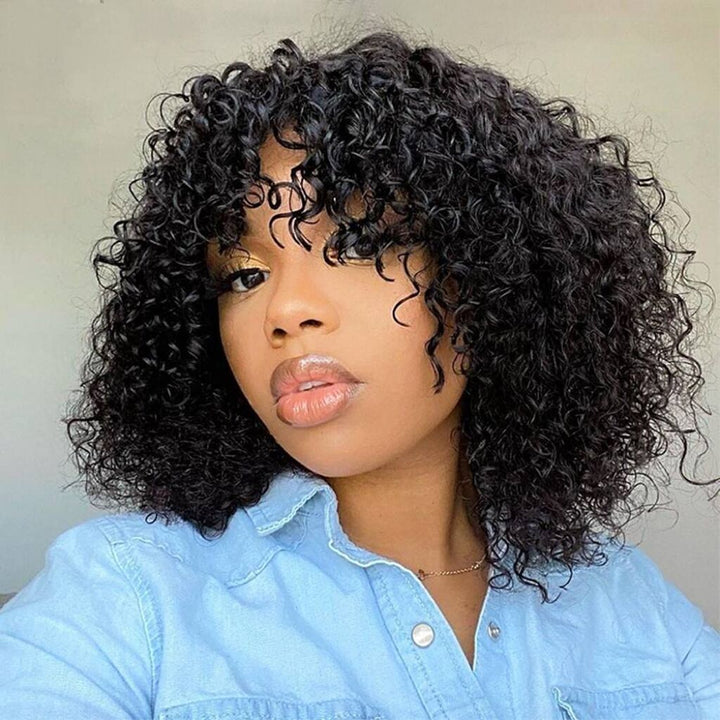 Put on & Go Short Curly Fringe Wig With Hot Bangs Human Hair Top Lace Wig 