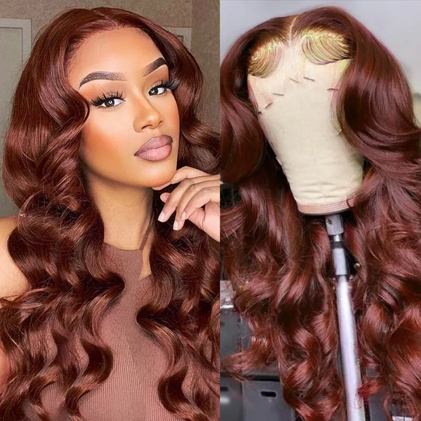 Dark Auburn Body Wave Glueless 13X6 Lace Front Wigs Pre-Plucked Hairline [F02]