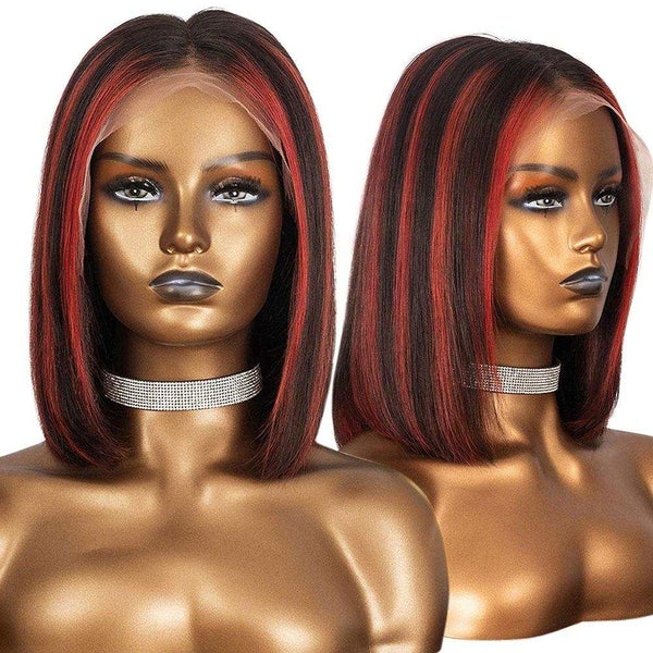Eva Short Bob Black and Red Highlights 13x6 Human Hair Lace Front Wig Same Day Free Shipping Special Sale - myqualityhair