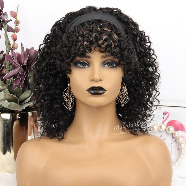 Natural Curly With Bangs Virgin Human Hair Headband Wigs [HW36] - myqualityhair